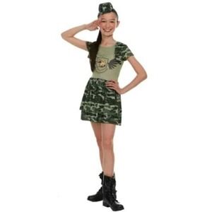NEW Camo Cadet Costume Girls Medium 6-8 Camouflage Dress‎ Hat Headband Halloween